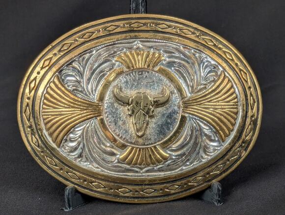 Unbranded Other - Award Design Medals Vintage Western Bull Skull Belt Buckle Silver Plated Gold...